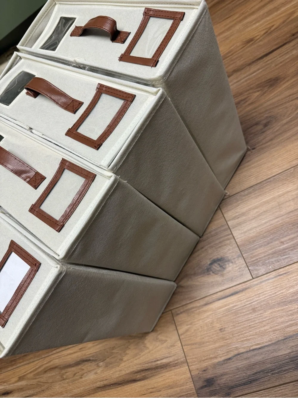 Amazon Neutral Fabric Storage Boxes with Brown Leather Handles - Set of 4